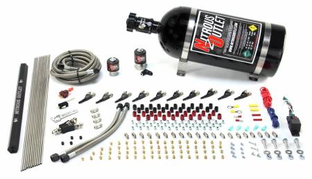 Nitrous Outlet - Nitrous Outlet 00-10494-R-00 -  10 Cylinder 2 Solenoid Direct Port System With Single Rail (5-7-10 PSI) (No Bottle) (90? Nozzles) (.122 Nitrous Solenoid and .310 Fuel Solenoid)