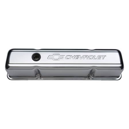 Proform - Proform 141-103 - Engine Valve Covers; Stamped Steel; Tall; Chrome; w/ Bowtie Logo; Fits SB Chevy
