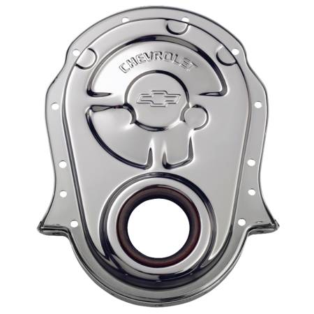 Proform - Proform 141-216 - Engine Timing Chain Cover; Chrome; Steel; w/ Chevy and Bowtie Logo; For BB Chevy