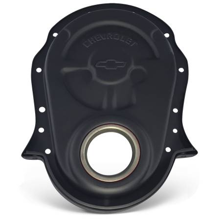 Proform - Proform 141-219 - Engine Timing Chain Cover; Black Crinkle; Steel; Chevy/Bowtie Logo; BB Chevy