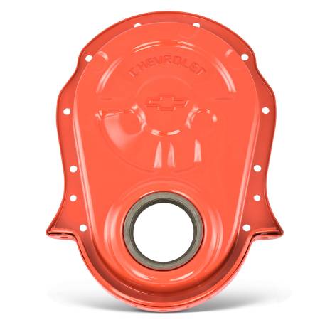 Proform - Proform 141-220 - Engine Timing Chain Cover; Chevy Orange; Steel; Embossed Bowtie Logo; BB Chevy