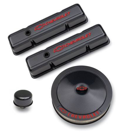 Proform - Proform 141-710 - Engine Dress-Up Kit; Black Carbon Finish; Red Bowtie; Red Letters; For SB Chevy