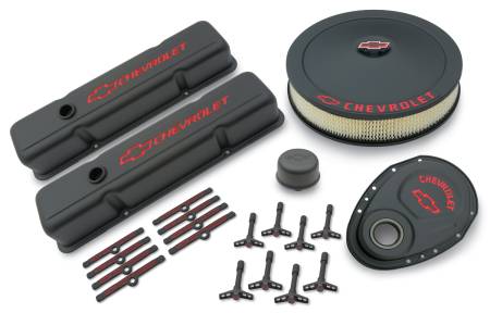 Proform - Proform 141-758 - Engine Dress-Up Kit; Black Crinkle Finish; Red Bowtie; Red Letters; For SB Chevy