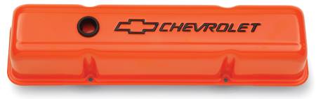 Proform - Proform 141-784 - Engine Valve Covers; Stamped Steel; Tall; Orange w/ Bowtie Logo; Fits SB Chevy