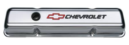 Proform - Proform 141-899 - Engine Valve Covers; Stamped Steel; Short; Chrome; w/ Bowtie Logo; Fits SB Chevy