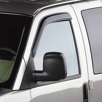 GM Accessories - GM Accessories 12370638 - Front Tape-On Side Window Weather Deflectors in Smoke Black with White GM Logo [2013-2020 Express & Savana]