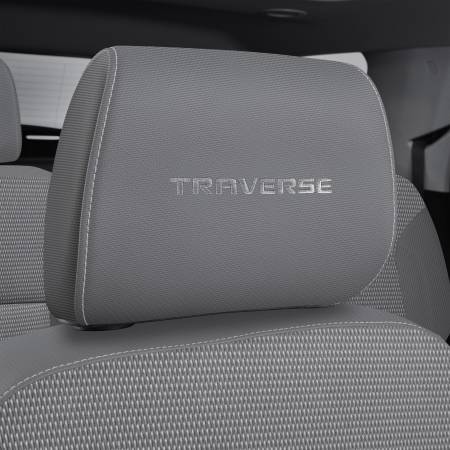 GM Accessories - GM Accessories 84471264 - Cloth Headrest in Medium Ash Gray with Embroidered Traverse Script and Light Ash Gray Stitching [2018-2020 Traverse]