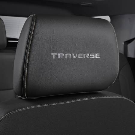 GM Accessories - GM Accessories 84471270 - Vinyl Headrest in Jet Black with Embroidered Traverse Script and Mojave Stitching [2018-2020 Traverse]