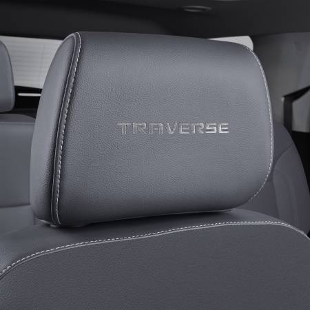 GM Accessories - GM Accessories 84471274 - Vinyl Headrest in Dark Galvanized with Embroidered Traverse Script and Medium Titanium Stitching [2018-2020 Traverse]