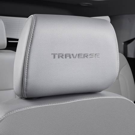 GM Accessories - GM Accessories 84471277 - Vinyl Headrest in Medium Ash Gray with Embroidered Traverse Script and Light Ash Gray Stitching [2018-2020 Traverse]