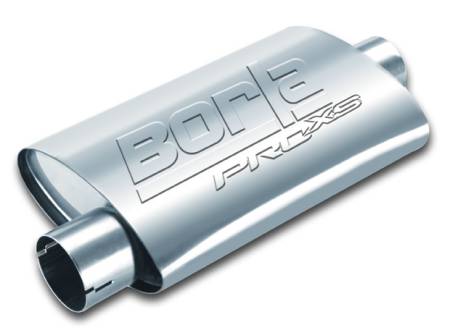 Borla Exhaust - Borla Exhaust 400484 - ProXS Muffler; Center/Offset; 2.5 in. Center Inlet; 2.5 in. Offset Outlet; 19 in. x 4 in. x 9.5 in. Oval Body; 24 in. OAL; Notched; T-304 Stainless Steel;.