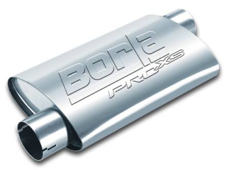 Borla Exhaust - Borla Exhaust 400488 - ProXS Muffler; Offset/Offset; 2 in. Offset Inlet; 2 in. Offset Outlet; 14 in. x 4 in. x 9.5 in. Oval Body; 19 in. OAL; Notched; T-304 Stainless Steel;.