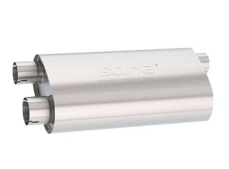 Borla Exhaust - Borla Exhaust 400499 - Specialty Muffler Transverse Flow - Single 3" Inlet-Dual 2.5" Outlet 19"x 6"x10.25". Universal part. Reversible design for installation flexibility. Notched for clamp-on installation.