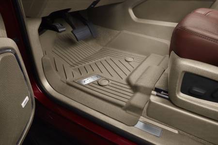 GM Accessories - GM Accessories 84185458 - First-Row Premium All-Weather Floor Liners In Dune With Chrome Bowtie Logo (For Models With Center Console)