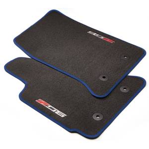 GM Accessories - GM Accessories 23476290 - First-Row Premium Carpeted Floor Mats In Jet Black With Blue Stitching And Z06 Logo [C7 Corvette]