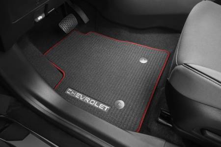 GM Accessories - GM Accessories 42737463 - First and Second-Row Premium Carpeted Floor Mats in Jet Black with Racer Red Binding and Chevrolet Script for AWD Models [2021+ Trailblazer]