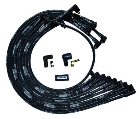 Moroso - Moroso 51529 - Wire Set Moroso Ultra SBC Under The Header 90 Deg Plug Non HEI Sleeved, Black Wire