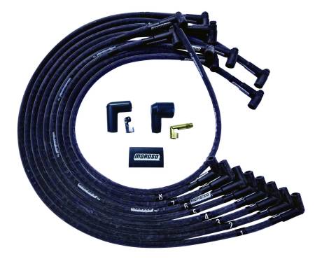 Moroso - Moroso 51543 - Wire Set Moroso Ultra BBC Under The Header 90 Deg Plug End HEI Sleeved, Black Wire