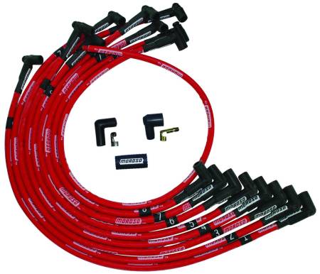 Moroso - Moroso 52525 - Wire Set Moroso Ultra Red Sleeved SBC Over The Valve Cover 90 Deg Plug Hei