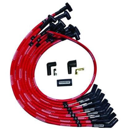Moroso - Moroso 52527 - Wire Set Moroso Ultra Sleeved Red SBC Over The Valve Cover 135 Deg Plug Hei, Red Wire