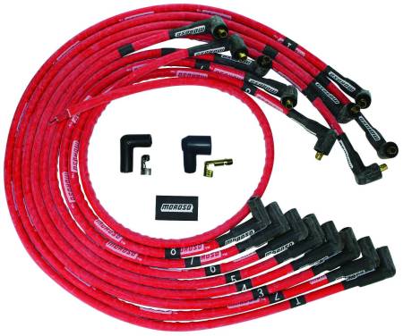 Moroso - Moroso 52529 - Wire Set Moroso Ultra Sleeved Red SBC Under The Header 90 Deg Plug Non-Hei. Red Wire