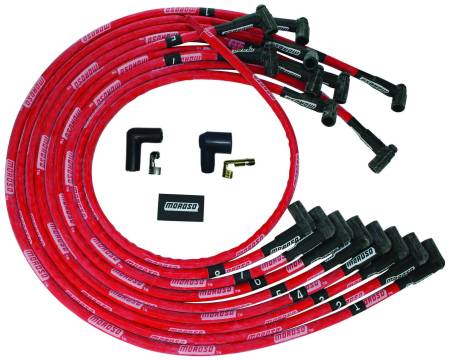 Moroso - Moroso 52543 - Wire Set Moroso Ultra Sleeved Red BBC Under The Header 90 Deg Plug Boots Hei, Red Wire