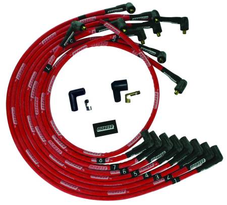 Moroso - Moroso 52544 - Wire Set Moroso Ultra Sleeved Red BBC Under The Header 90 Deg Plug Boots N-Hei, Red Wire