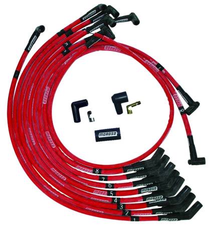 Moroso - Moroso 52572 - Wire Set Moroso Ultra Sleeved Red SB Ford 351W 135 Deg Plug Boots Hei, Red Wire