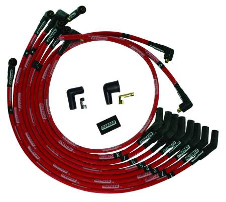 Moroso - Moroso 52573 - Wire Set Moroso Ultra Sleeved Red SB Ford 351W 135 Deg Plug Boots Non-Hei, Red Wire