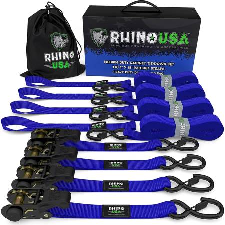 Rhino USA - Rhino USA RCHT-4PACK-BLU - 1’’ X 15’ Ratchet Tie-Down Set (4-Pack Blue)