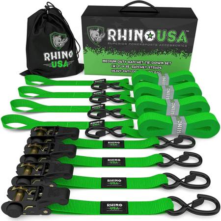 Rhino USA - Rhino USA RCHT-4PACK-GRN - 1’’ X 15’ Ratchet Tie-Down Set (4-Pack Green)