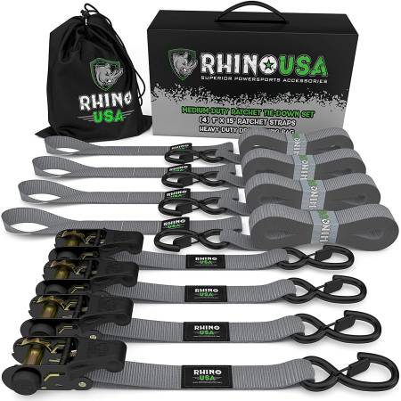 Rhino USA - Rhino USA RCHT-4PACK-GRY - 1’’ X 15’ Ratchet Tie-Down Set (4-Pack Gray)