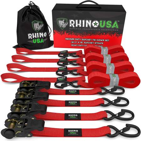 Rhino USA - Rhino USA RCHT-4PACK-RED - 1’’ X 15’ Ratchet Tie-Down Set (4-Pack Red)