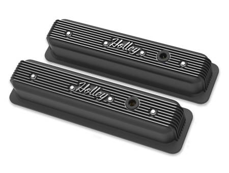 Holley - Holley 241-247 - Vintage Finned Valve Cover - "Holley" Script - Sbc - Center Bolt - Satin Black Machined