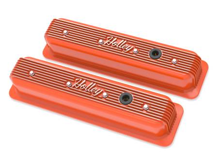 Holley - Holley 241-249 - Vintage Finned Valve Cover - "Holley" Script - Sbc - Center Bolt - Factory Orange Machined