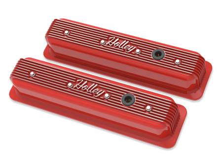 Holley - Holley 241-250 - Vintage Finned Valve Cover - "Holley" Script - Sbc - Center Bolt - Gloss Red Machined