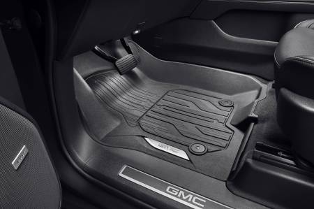 GM Accessories - GM Accessories 84776601 - First-Row Premium All-Weather Floor Liners in Jet Black with Chrome GMC Logo [2022+ Yukon]